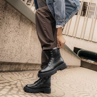 CMR CHAMARIPA Botas con alzas para mujer | Botines de cuero con cordones negros 8 cm