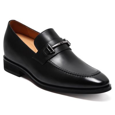 CMR CHAMARIPA Mocasines con alzas para hombre | Zapatos slip-on de cuero negro con hebilla metálica 7 cm